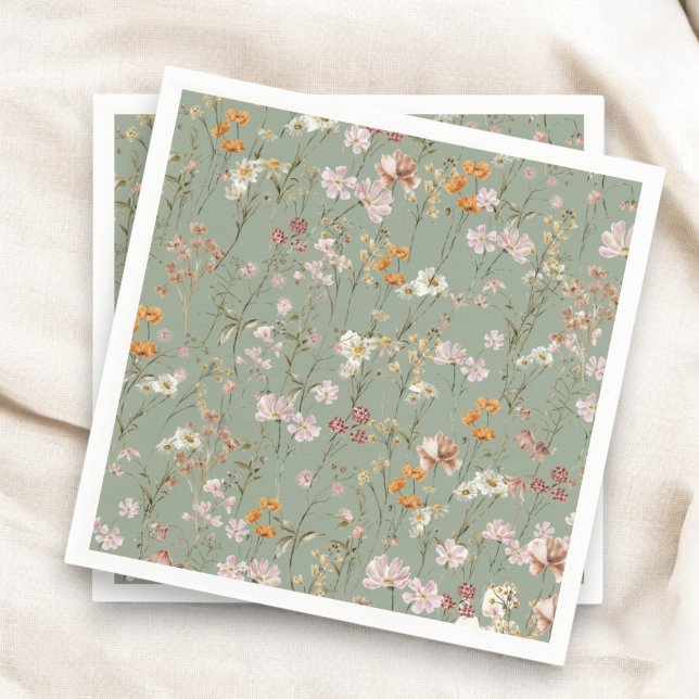 Sage Green Wildflower Boho Wedding In Bloom Garden Napkins (Creator Uploaded)