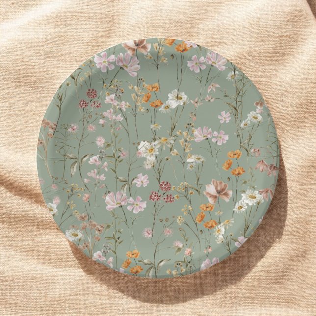 Sage Green Wildflower Boho Wedding In Bloom Garden Paper Plates (Creator Uploaded)