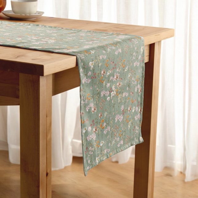 Sage Green Wildflower Boho Wedding In Bloom Garden Short Table Runner (Creator Uploaded)