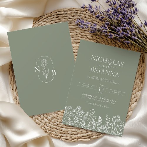 Sage Green Wildflower Boho Wedding Modern Monogram