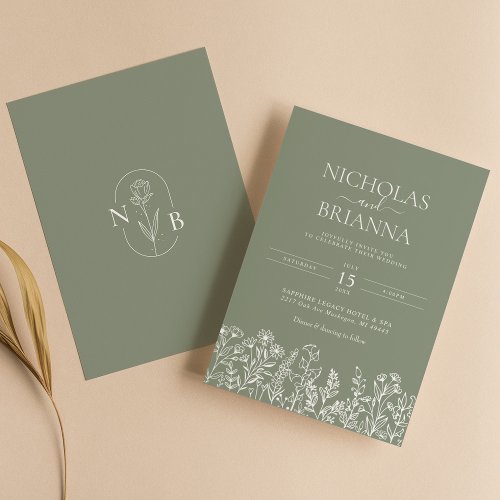 Sage Green Wildflower Boho Wedding Modern Monogram Invitation