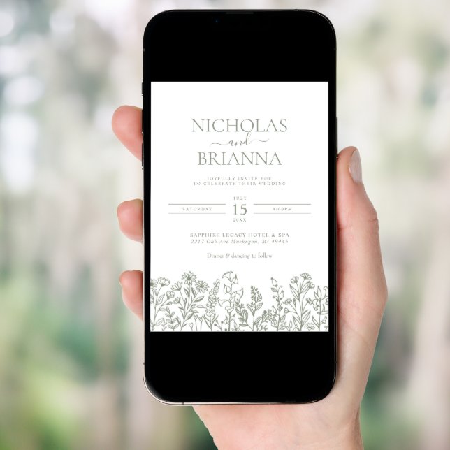 Sage Green Wildflower Boho Wedding Modern Photo Invitation (Front Digital)