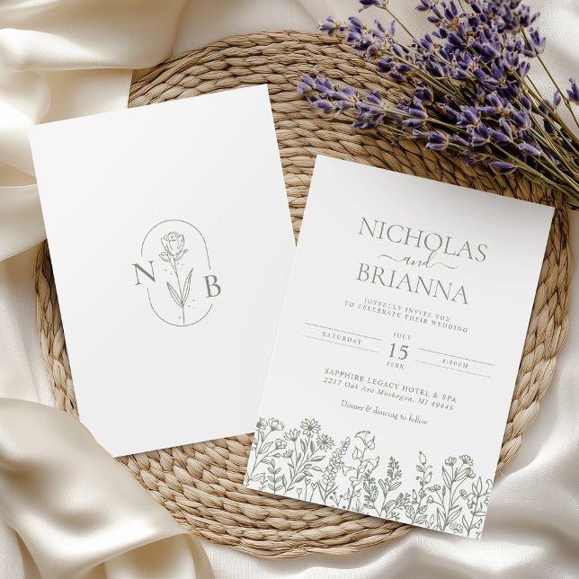Sage Green Wildflower Boho Wedding Monogram Invitation (Creator Uploaded)