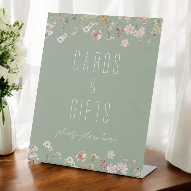 Sage Green Wildflower Bridal Shower Cards Gifts Pedestal Sign (Creator Uploaded)
