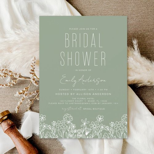 Sage Green Wildflower Bridal Shower Elegant Invitation