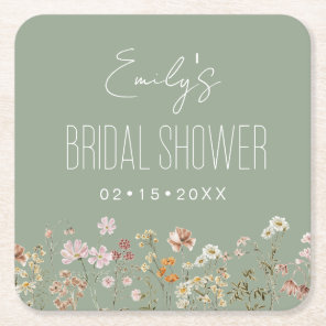 Sage Green Wildflower Bridal Shower Garden Square Paper Coaster