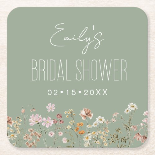 Sage Green Wildflower Bridal Shower Garden Square Paper Coaster