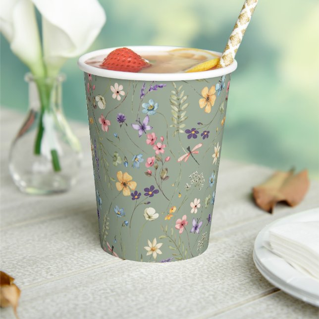  Sage Green Wildflower Bridal Shower Paper Cups (Insitu)