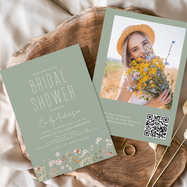 Sage Green Wildflower Bridal Shower QR Code Photo Flyer (Creator Uploaded)