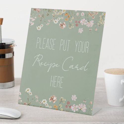Sage Green Wildflower Bridal Shower Recipe Card Pedestal Sign