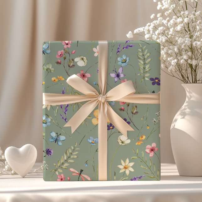 Sage Green Wildflower & Butterfly Boho Summer  Wrapping Paper (Creator Uploaded)