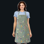 Sage Green Wildflower & Butterfly Personalized  Apron<br><div class="desc">Bring whimsical floral charm to the kitchen or garden with this Sage Green Wildflower & Butterfly Personalized Apron. Set against a soft sage green background, this beautiful apron features a delicate pattern of colorful watercolor wildflowers and butterflies, with your custom name elegantly written in modern white calligraphy across the front....</div>