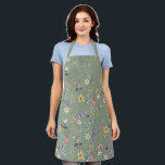 Sage Green Wildflower & Butterfly Personalized  Apron<br><div class="desc">Bring whimsical floral charm to the kitchen or garden with this Sage Green Wildflower & Butterfly Personalized Apron. Set against a soft sage green background, this beautiful apron features a delicate pattern of colorful watercolor wildflowers and butterflies, with your custom name elegantly written in modern white calligraphy across the front....</div>