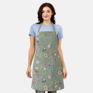 Sage Green Wildflower & Butterfly Personalized Apron