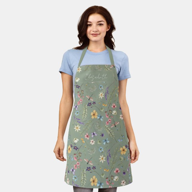 Sage Green Wildflower & Butterfly Personalized  Apron (Worn)