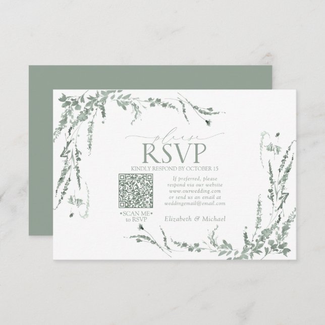 Sage Green Wildflower Calligraphy QR Code RSVP (Front/Back)