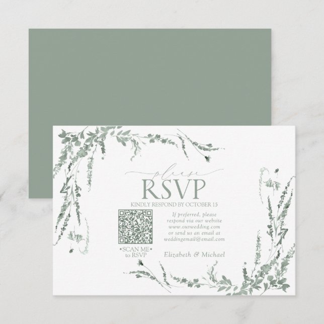 Sage Green Wildflower Calligraphy QR Code RSVP Card (Front/Back)