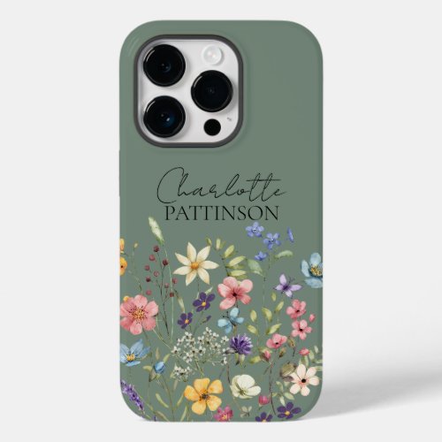 Sage Green Wildflower Custom Name Monogram  Case_Mate iPhone 14 Pro Case