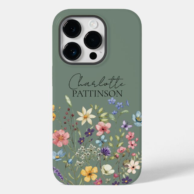Sage Green Wildflower Custom Name Monogram  Case-Mate iPhone Case (Back)