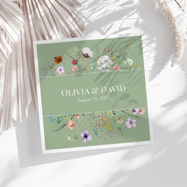 Sage Green Wildflower Custom Paper Dinner Napkins (Sage Green Wildflower Custom Paper Dinner Napkins on a sunny white table with dry neutral botanicals)