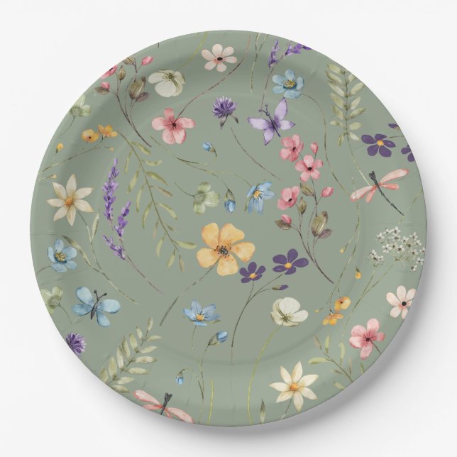  Sage Green Wildflower Elegant Bridal Shower Paper Plates (Front)