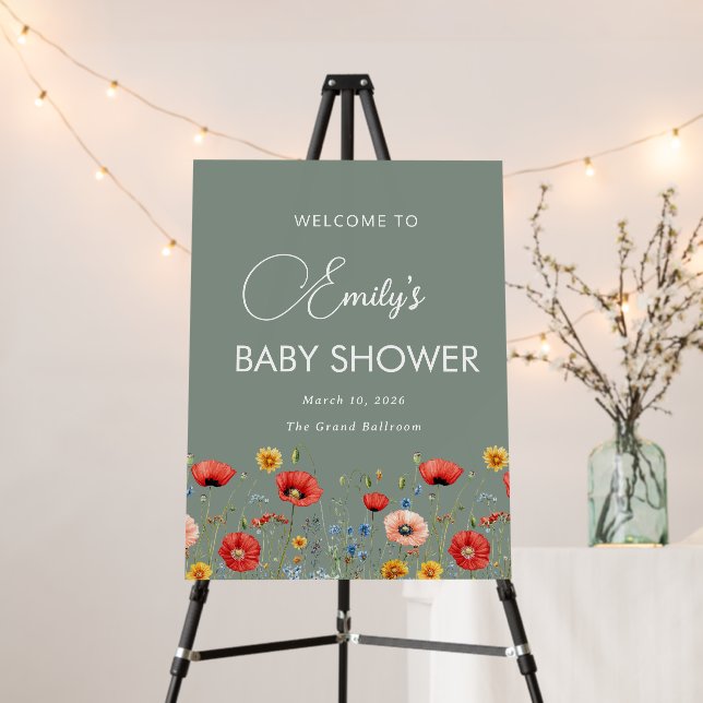 sage green wildflower floral baby shower welcome  foam board (In Situ (Stand))