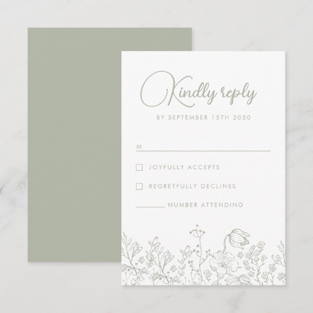 Sage Green Wildflower Floral Elegant Wedding RSVP Card (Front/Back)