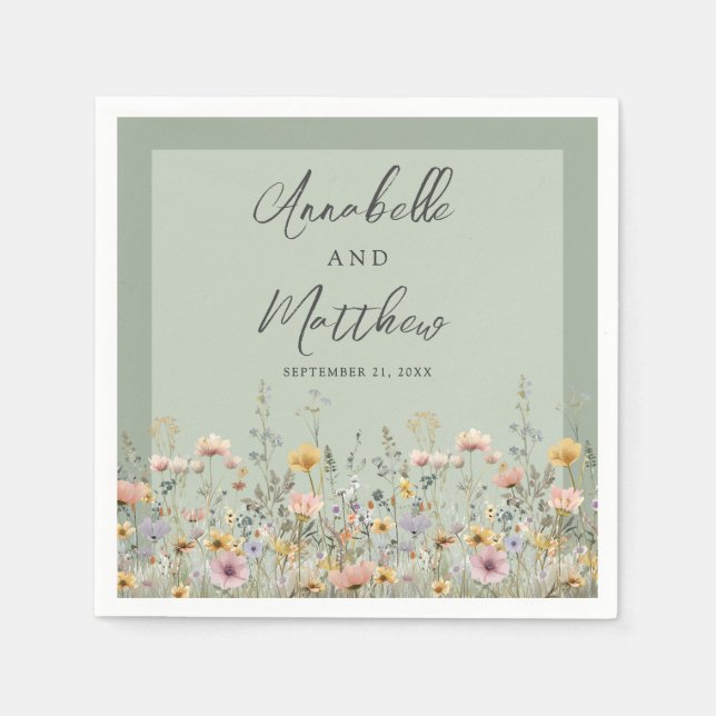 Sage Green Wildflower Floral Wedding Napkins (Front)