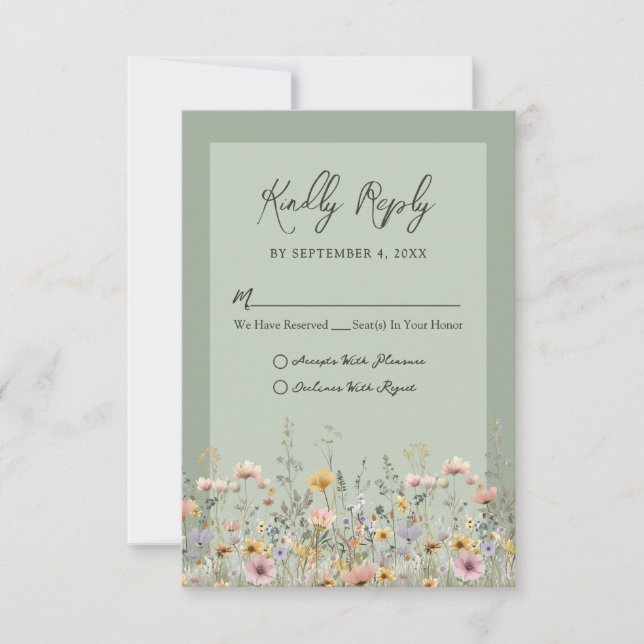 Sage Green Wildflower Floral Wedding RSVP (Front)