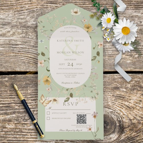 Sage Green Wildflower Frame QR Code All In One Invitation