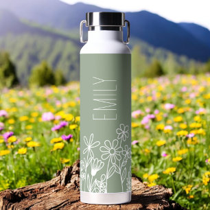 Sage Green Wildflower Garden Monogram Name Water Bottle