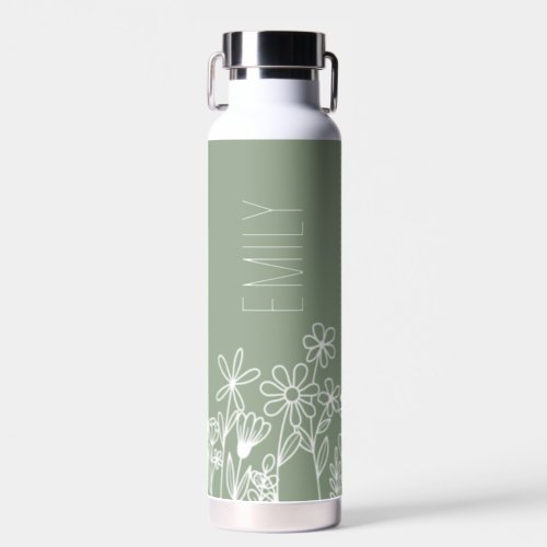 Sage Green Wildflower Garden Monogram Name Water Bottle