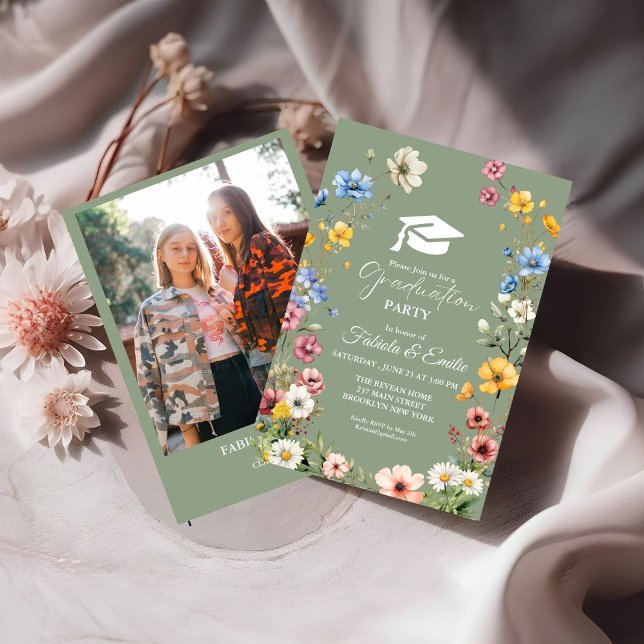 Sage Green Wildflower Garden Twin Graduation Invitation (Creator Uploaded)