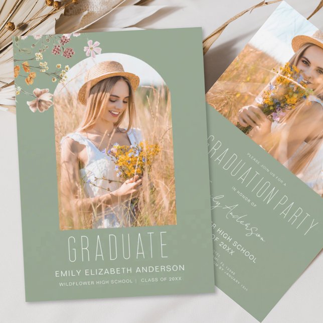 Sage Green Wildflower Graduation Party Arch Photo Invitation (Creator Uploaded)