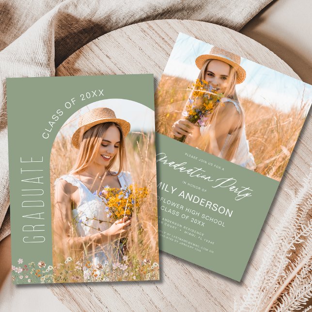 Sage Green Wildflower Graduation Party Arch Photo Invitation (Creator Uploaded)