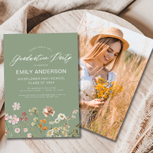 Sage Green Wildflower Graduation Party Photo Invitation