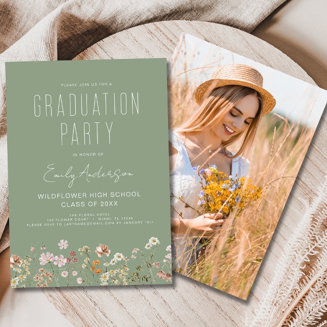 Sage Green Wildflower Graduation Party Photo Invitation (Creator Uploaded)