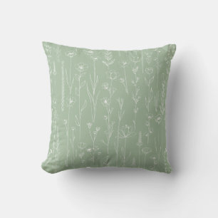 Sage Green Wildflower Line Art Floral Throw Pillow