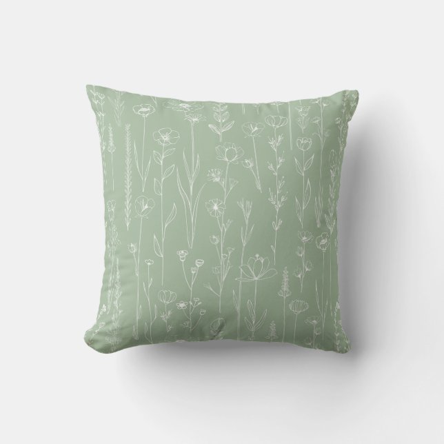 Sage Green Wildflower Line Art Floral Throw Pillow (Front)
