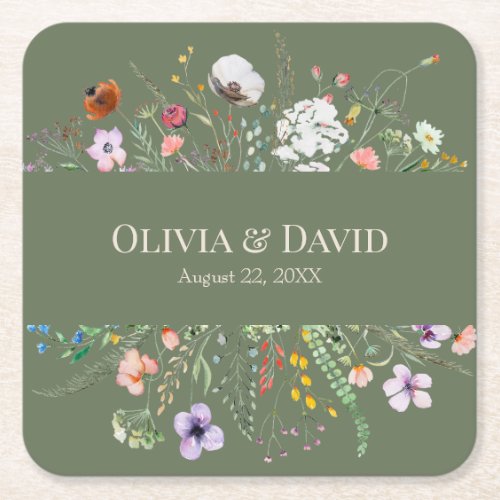 Sage Green Wildflower Meadow Wedding Square Paper Coaster