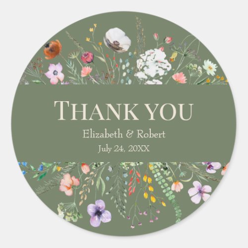 Sage Green Wildflower Meadow Wedding Thank You Classic Round Sticker