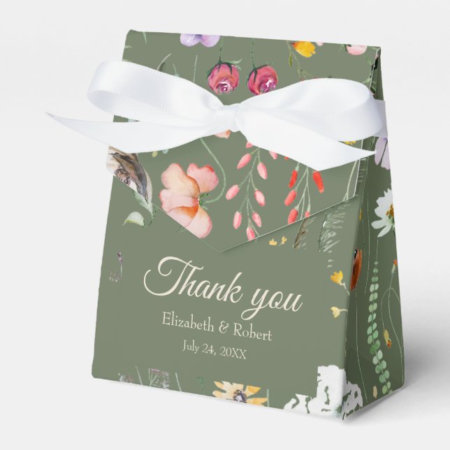 Sage Green Wildflower Meadow Wedding Thank You Favor Boxes (Front Side)