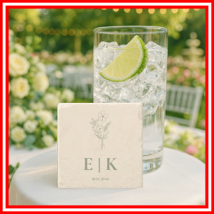 Sage Green Wildflower Monogram Wedding Stone Coaster