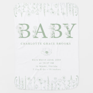 Sage Green Wildflower Personalized Baby Blanket