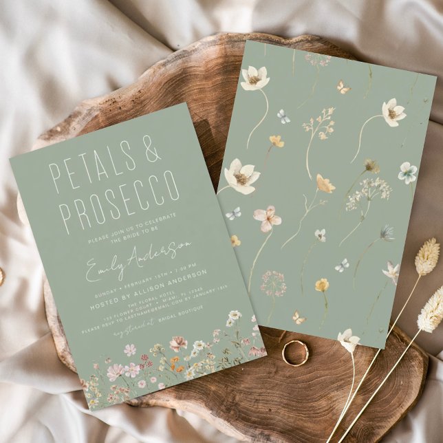 Sage Green Wildflower Petals & Prosecco Bridal Invitation (Creator Uploaded)