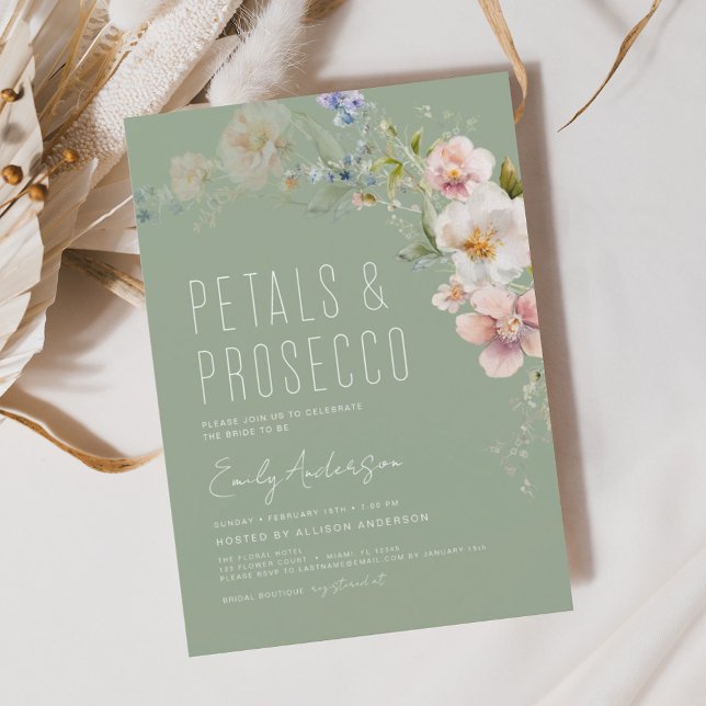 Sage Green Wildflower Petals & Prosecco Invitation (Creator Uploaded)