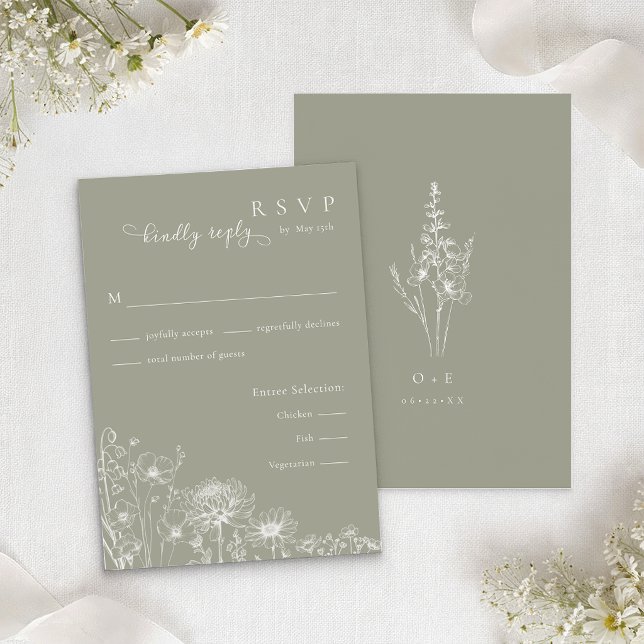 Sage Green Wildflower RSVP Card Wedding Insert (Sage green wildflower RSVP card with elegant line art florals and matching monogram back
)