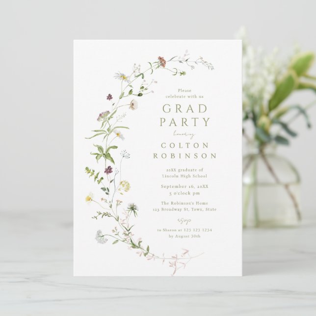 Sage Green Wildflower Rustic Boho Graduation Invitation (Standing Front)