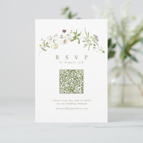 Sage Green Wildflower Rustic Boho QR code Wedding RSVP Card