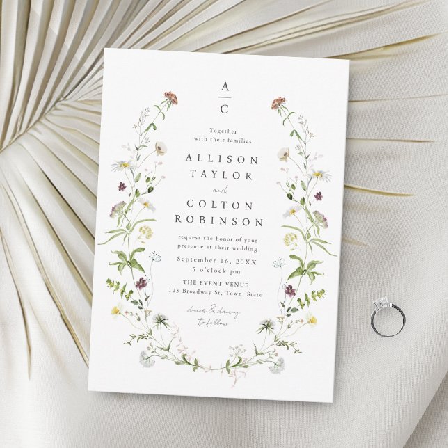 Sage Green Wildflower Rustic Boho Wedding monogram Invitation (Creator Uploaded)